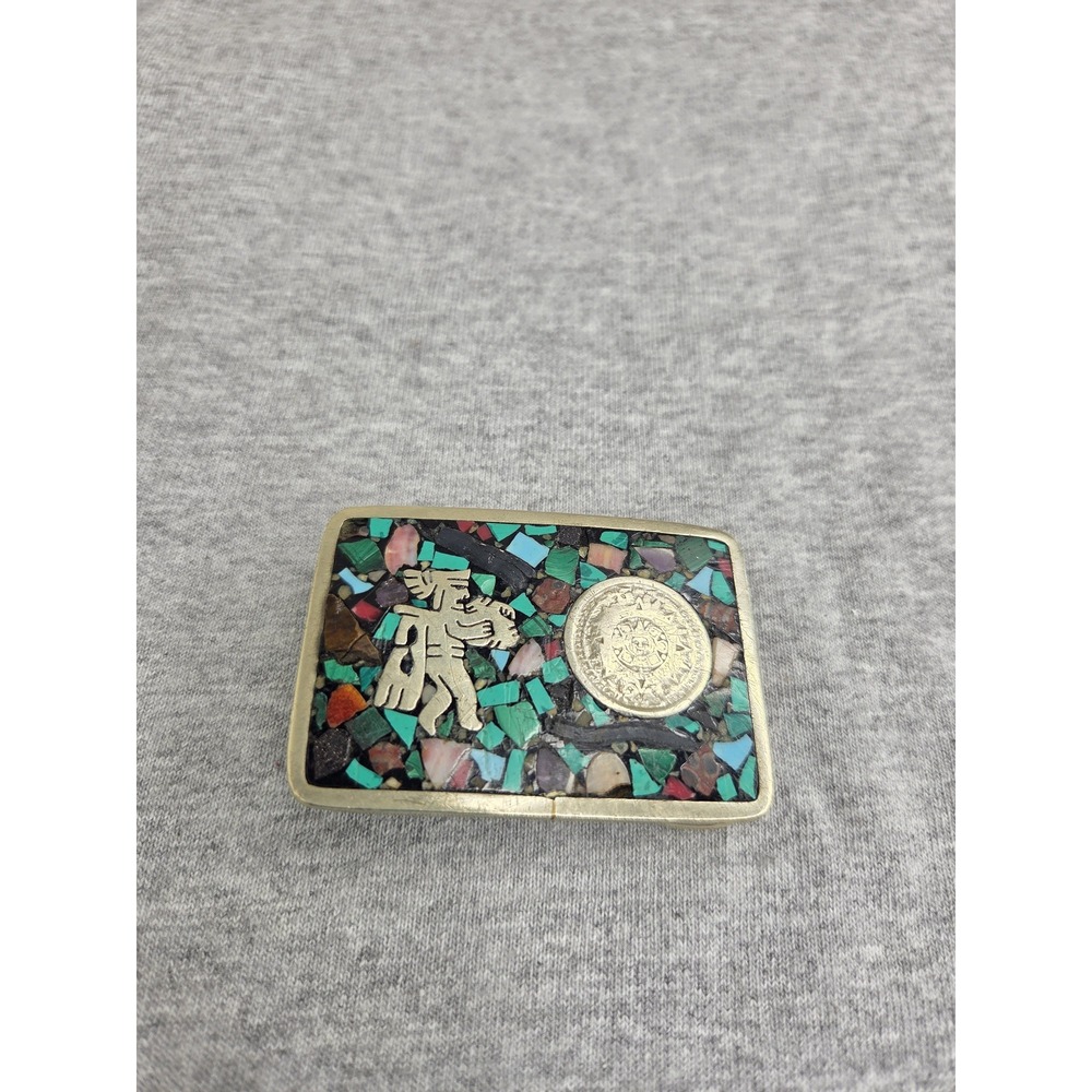 Vintage Handmade Mexico Aztec Warrior Calendar Gem Inlay Belt Buckle OOAK